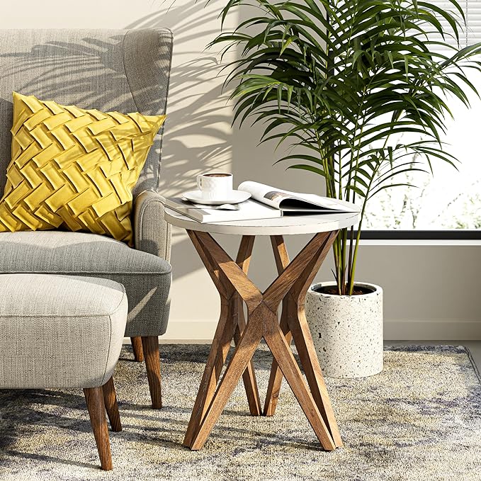 LONYKE Pedestal Farmhouse End Table, Distressed Top with Tripod Base Bedside Table for Living Room, Modern, Boho Decor, Round (1 Pack, White & Walnut)