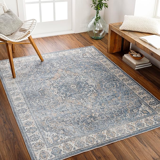 Mark&Day Washable Rugs, 9x12 Elsmore Traditional Navy Blue Area Rug, Blue Ivory Orange Carpet for Living Room, Bedroom or Kitchen (9'2" x 12', Machine Washable)