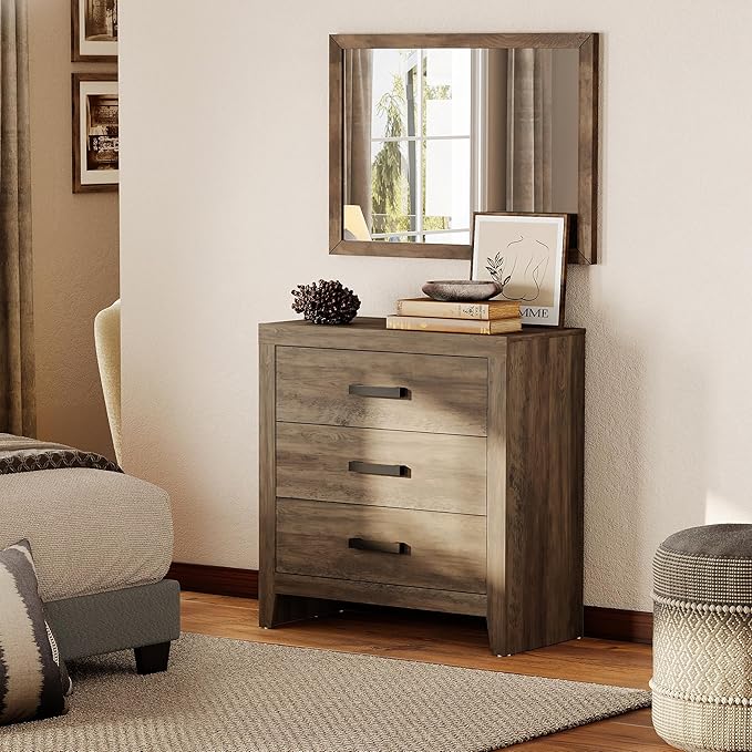 WAMPAT Farmhouse Nightstand with 3 Drawers, Large Wood Bedside Table, Wide Sofa Side End Table, Storage Organizer Chest for Living Room, Bedroom, Hallway, Brown, 32 Inches