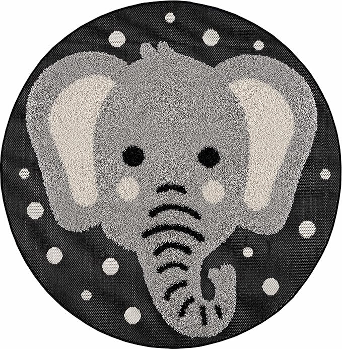 Hauteloom Kids Room, Nursery Round Area Rug - Outdoor Patio Safe - Animal Baby Elephant Playroom Carpet - Beige, Gray, Black, Cream - 7'10"