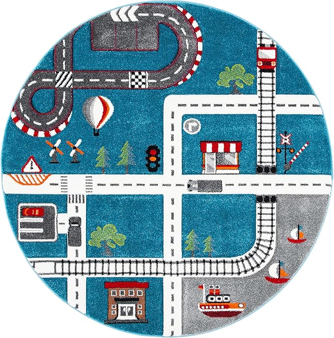SAFAVIEH Carousel Kids 100 Collection Round Rug - 8', Turquoise & Ivory, Transitional Design, Stain Resistant, Ideal for High Traffic Areas in Living Room, Bedroom & Dining Room (CRK192K-8R)