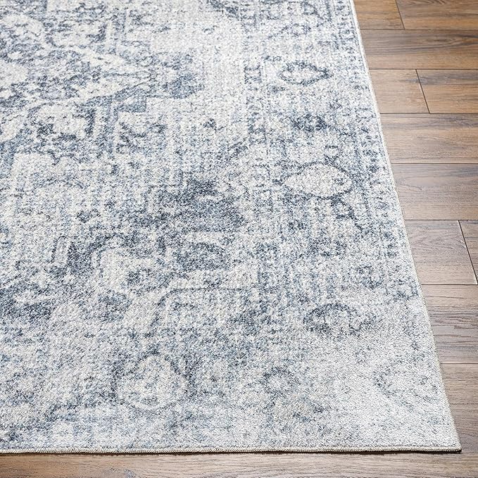Mark&Day Washable Rugs, 9x12 Moya Traditional Navy Blue Area Rug, Blue Beige Grey Carpet for Living Room, Bedroom or Kitchen (9'2" x 12', Machine Washable)