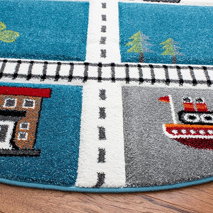 SAFAVIEH Carousel Kids 100 Collection Round Rug - 8', Turquoise & Ivory, Transitional Design, Stain Resistant, Ideal for High Traffic Areas in Living Room, Bedroom & Dining Room (CRK192K-8R)