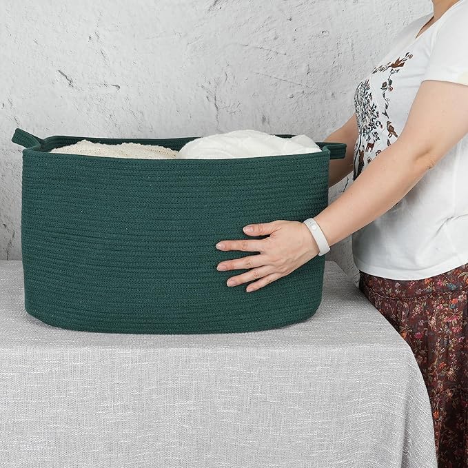 Large Rectangle Blankets Basket Living Room 22"x17"x12" Woven Cotton Rope Storage Basket for Nursery Toy Baskets for Kids and Dogs Wicker Laundry Baskets Bin for Clothes Towels dark green