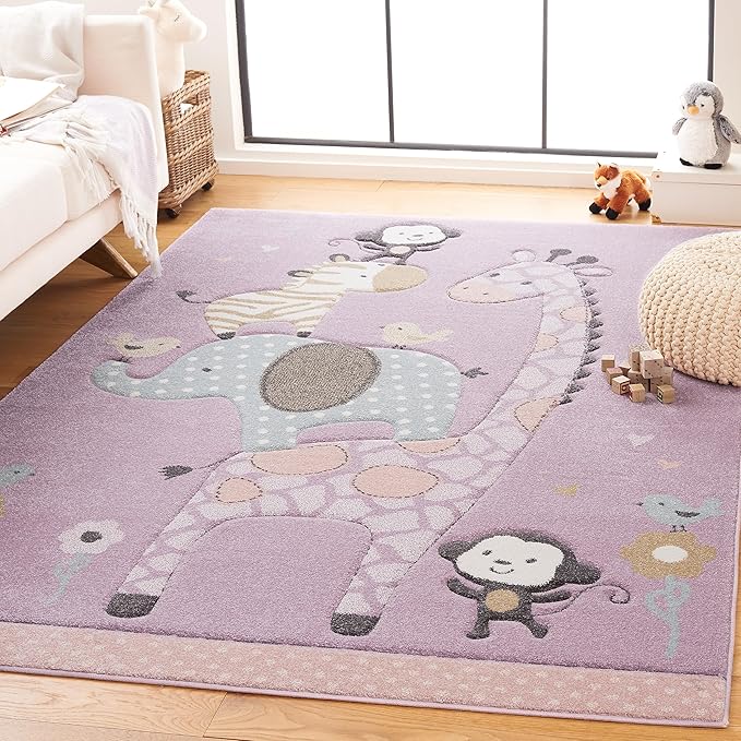 SAFAVIEH Area Rug 8x10 - Carousel Kids Collection - Large - Purple, Animal Design, Non-Shedding & Easy Cleaning, Ideal for Boys & Girls in Playroom, Nursery, Bedroom (CRK120V)