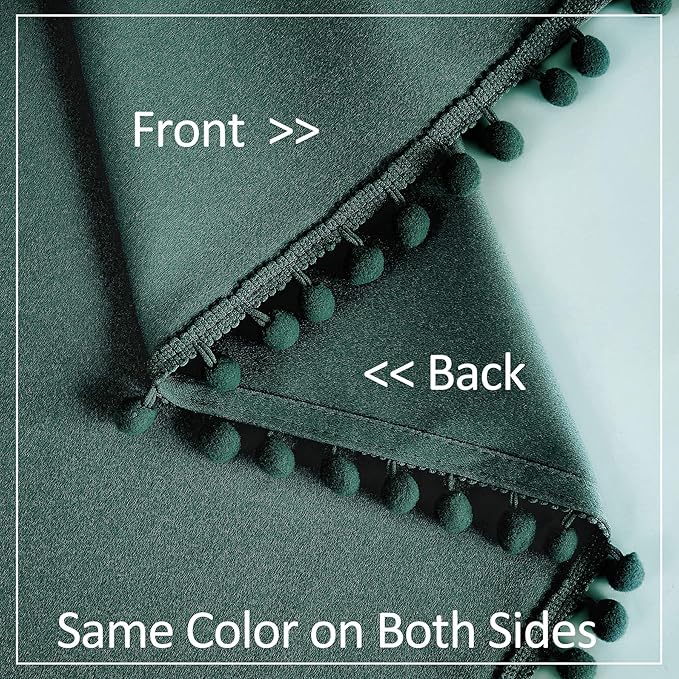 Treatmentex Green Pompom Curtains for Bedroom Living Room 95 inch Triple Weave Full Blackout Window Drapes for Hotel Men's Guest Room 52" w x2 Panels Rod Pocket