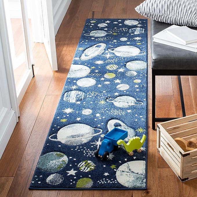 SAFAVIEH Carousel Kids Collection Runner Rug - 2' x 8', Navy & Ivory, Non-Shedding & Easy Care, Ideal for High Traffic Areas for Boys & Girls in Playroom, Nursery, Bedroom (CRK103N)
