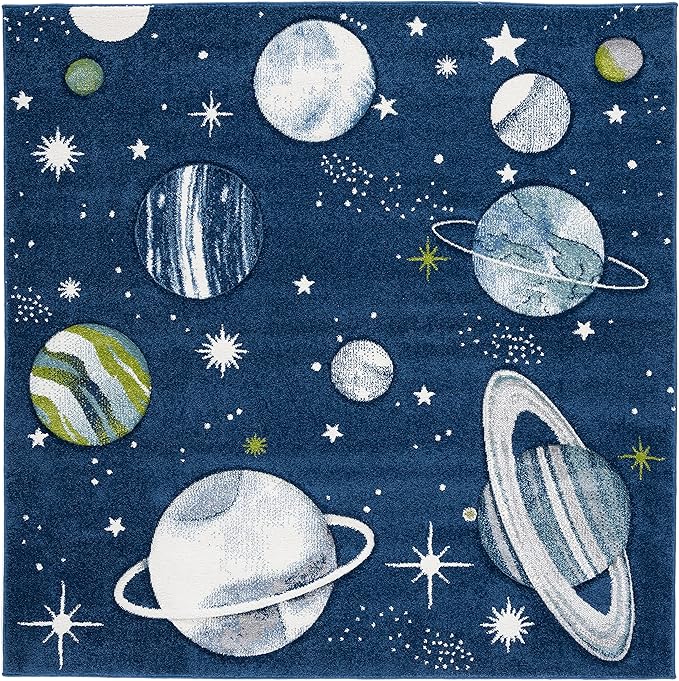 SAFAVIEH Carousel Kids Collection Area Rug - 6'7" Square, Navy & Ivory, Non-Shedding & Easy Care, Ideal for High Traffic Areas for Boys & Girls in Playroom, Nursery, Bedroom (CRK103N)