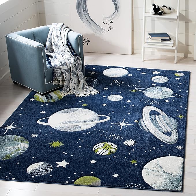 SAFAVIEH Carousel Kids Collection Area Rug - 3' Square, Navy & Ivory, Non-Shedding & Easy Care, Ideal for High Traffic Areas for Boys & Girls in Playroom, Nursery, Bedroom (CRK103N)