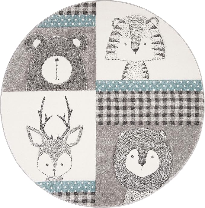 SAFAVIEH Carousel Kids Collection Area Rug - 5'3" Round, Grey & Ivory, Animal Design, Non-Shedding & Easy Care, Ideal for High Traffic Areas for Boys & Girls in Playroom, Nursery, Bedroom (CRK188B)