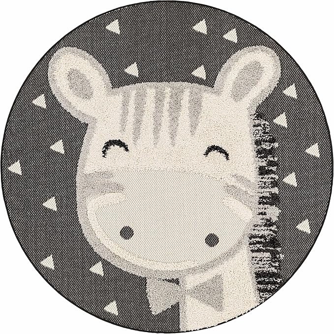 Hauteloom Kids Room, Nursery Round Area Rug - Outdoor Patio Safe - Animal Baby Bowtie Giraffe Playroom Carpet - Beige, Gray, Black, Cream - 5'3"