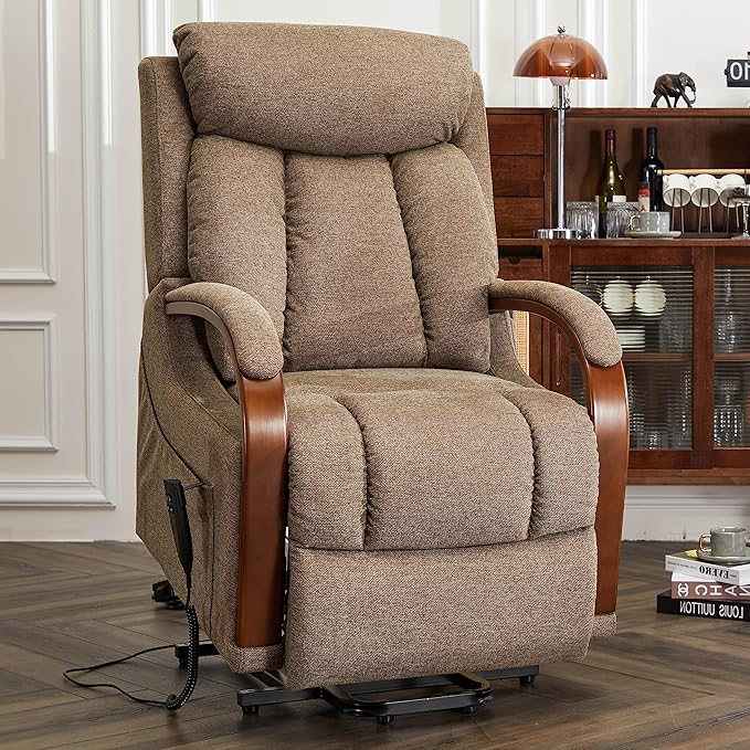 DYNOX Small Lift Chair Recliner with Heat and Massage, Dual Motor Power Lift Sofa for Elderly,Infinite Adjust for Back and Footrest,Side Pocket(9185,Brown,Linen Fabric