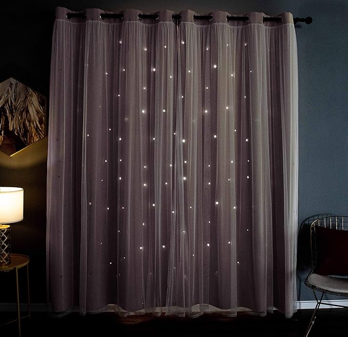 Kinryb Princess Curtains for Girls Bedroom with Sheer Overlay,Double Layer Curtain for Living Room with Star Cutout, Curtains for Kids Room (52 W*72 L Inches,2 Pcs Pink)