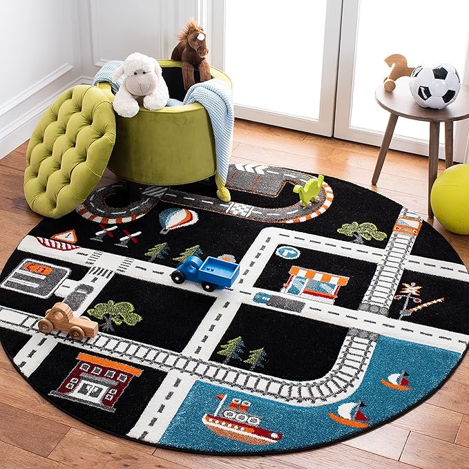 SAFAVIEH Carousel Kids Collection Area Rug - 8' Round, Black/Ivory, Geometric Design, Ideal for High Traffic Areas in Living Room, Bedroom, Dining (CRK192Z)