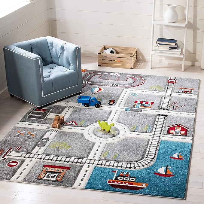 SAFAVIEH Area Rug 8x10 - Carousel Kids Collection - Large - Grey & Ivory, Non-Shedding & Easy Cleaning, Ideal for Boys & Girls in Playroom, Nursery, Bedroom (CRK192F)