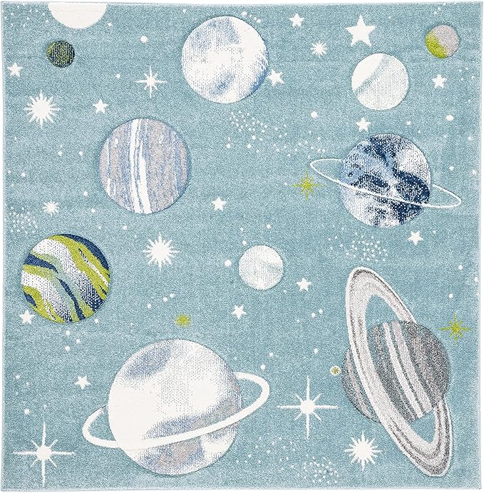 SAFAVIEH Carousel Kids Collection Area Rug - 5'3" Square, Teal & Ivory, Non-Shedding & Easy Care, Ideal for High Traffic Areas for Boys & Girls in Playroom, Nursery, Bedroom (CRK103J)