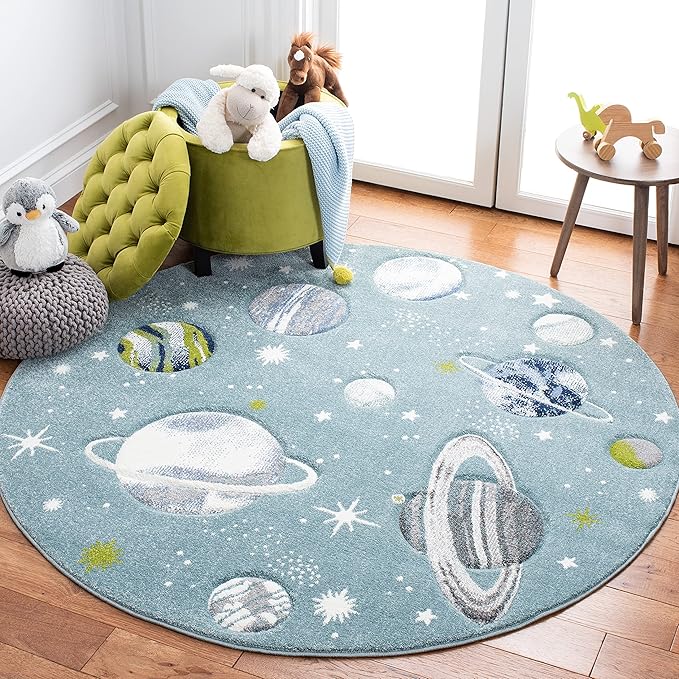 SAFAVIEH Carousel Kids Collection 5'3" Round Teal/Ivory CRK103J Outer Space Non-Shedding Playroom Nursery Bedroom Area Rug