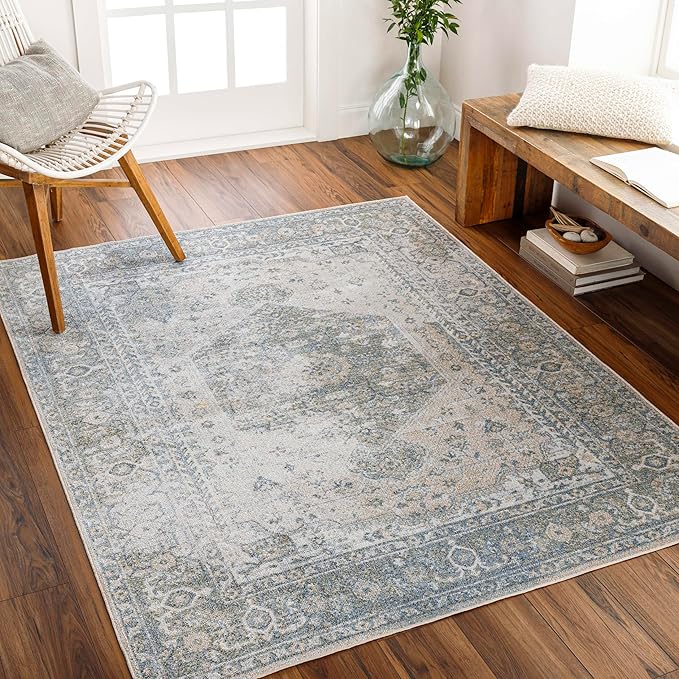 Mark&Day Washable Rugs, 2x4 Edmond Traditional Denim Area Rug, Gray Dark Blue Olive Carpet for Living Room, Bedroom or Kitchen (2'3" x 3'9",Machine Washable)
