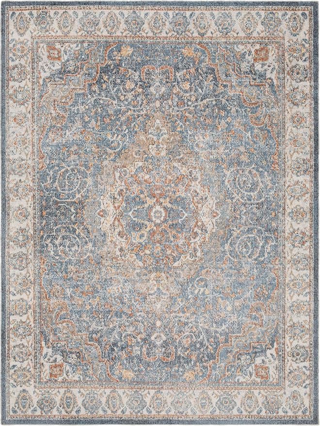 Mark&Day Washable Rugs, 2x4 Elsmore Traditional Dark Blue Area Rug, Blue Ivory Orange Carpet for Living Room, Bedroom or Kitchen (2'3" x 3'9", Machine Washable)