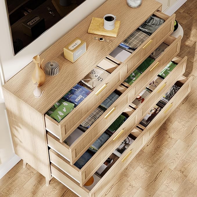 Rovaurx 8 Drawer Double Dresser for Bedroom, Rattan Chest of Dressers, Modern Wooden Dresser Chest with Golden Handles, Beside Table for Closet, Living Room and Entryway, Natural