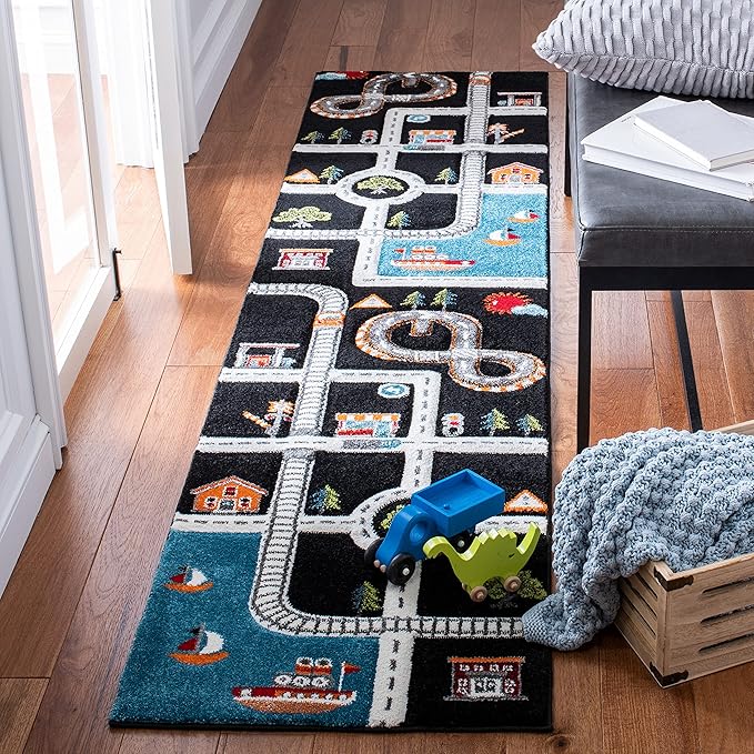 SAFAVIEH Carousel Kids Collection Area Rug - 2'3" x 12' Runner, Black/Ivory, Geometric Design, Ideal for High Traffic Areas in Living Room, Bedroom, Dining (CRK192Z)