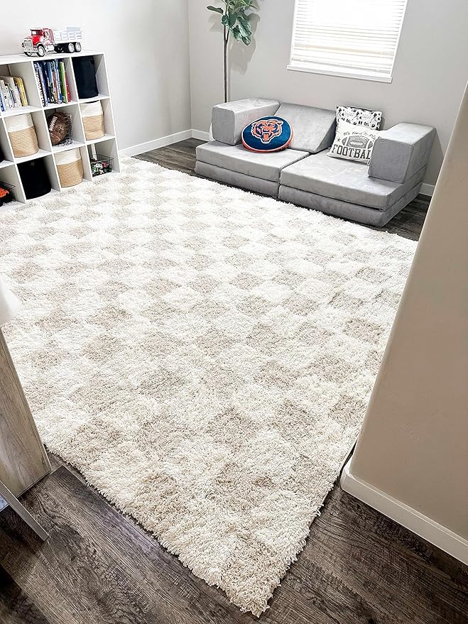 BoutiqueRugs Atira Checkered Shag Area Rug - Cream, Light Beige, Light Brown - 9'2" x 12'
