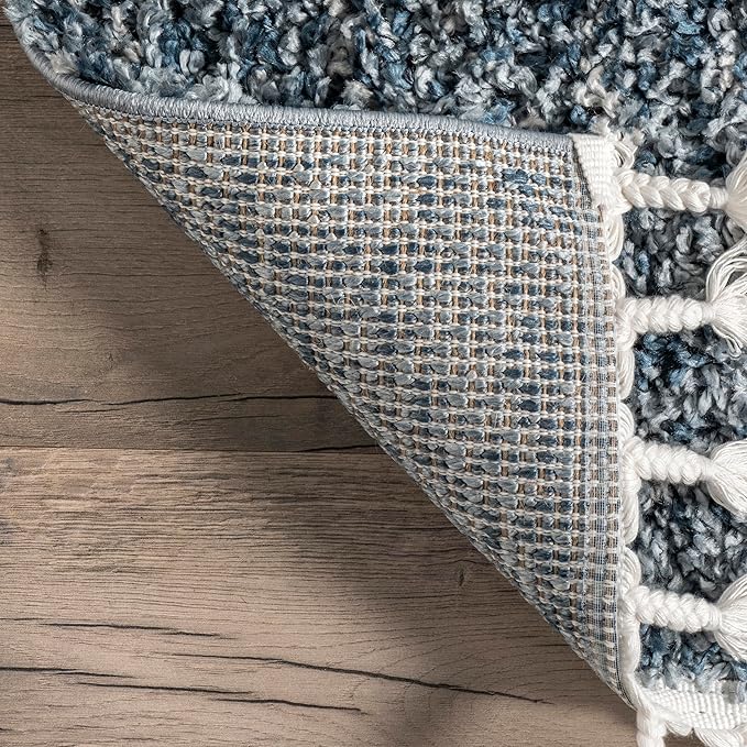 nuLOOM Brooke Shag Tasseled Area Rug - Oval 6'7" x 9' Shag Area Rug Casual Blue/Ivory Rugs for Living Room Bedroom Dining Room Nursery