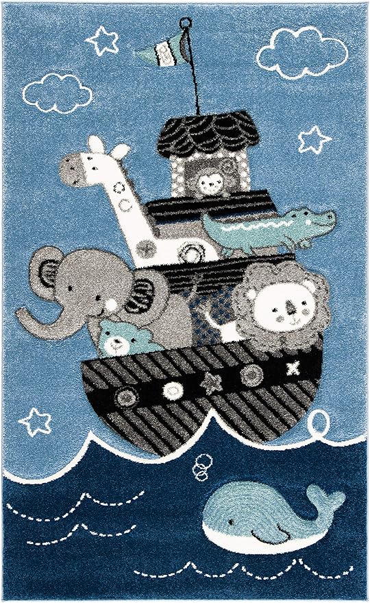 SAFAVIEH Carousel Kids Collection Accent Rug - 2'3" x 4', Blue & Grey, Animal Design, Non-Shedding & Easy Care, Ideal for High Traffic Areas for Boys & Girls in Playroom, Nursery, Bedroom (CRK121B)
