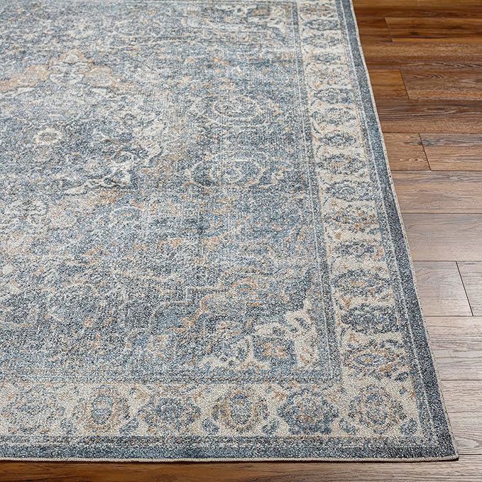 Mark&Day Washable Rugs, 5x7 Elsmore Traditional Navy Blue Area Rug, Blue Ivory Orange Carpet for Living Room, Bedroom or Kitchen (5'3" x 7', Machine Washable)