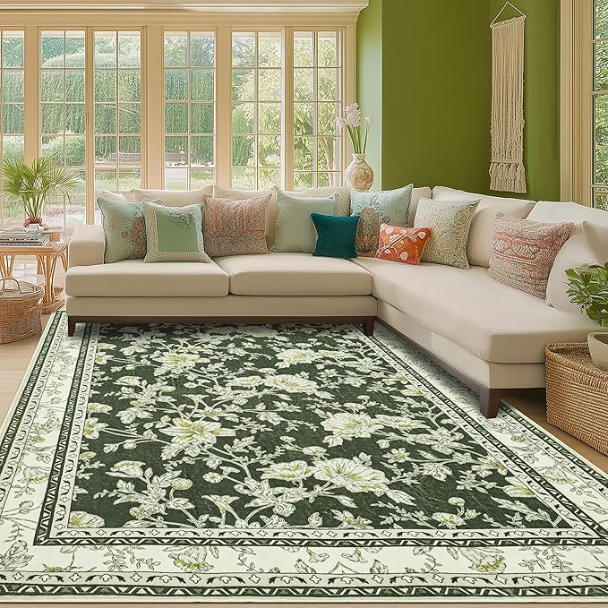 Olive Green Floral Print Area Rugs for Bedroom Living Room Boho Farmhouse Country Rustic Dining Room Carpet Soft Washable Rugs Non Slip Floor Covering for Nursery Playroom 10x14