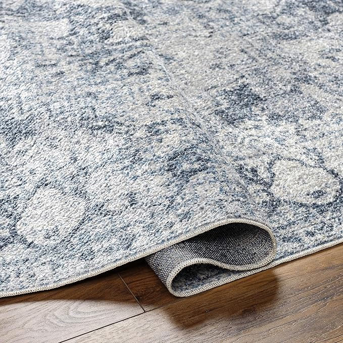 Mark&Day Washable Rugs, 9x12 Moya Traditional Navy Blue Area Rug, Blue Beige Grey Carpet for Living Room, Bedroom or Kitchen (9'2" x 12', Machine Washable)