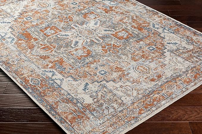 Mark&Day Washable Rugs, 5x7 Dry Ridge Traditional Rust Area Rug, Orange Blue Ivory Carpet for Living Room, Bedroom or Kitchen (5'3" x 7', Machine Washable)