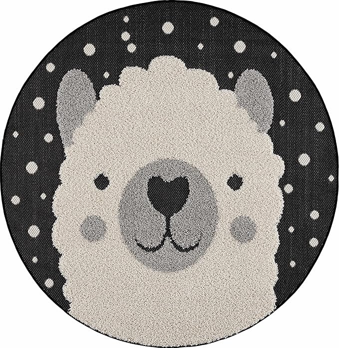 Hauteloom Kids Room, Nursery Round Area Rug - Outdoor Patio Safe - Animal Baby Elephant Playroom Carpet - Beige, Gray, Black, Cream - 5'3"