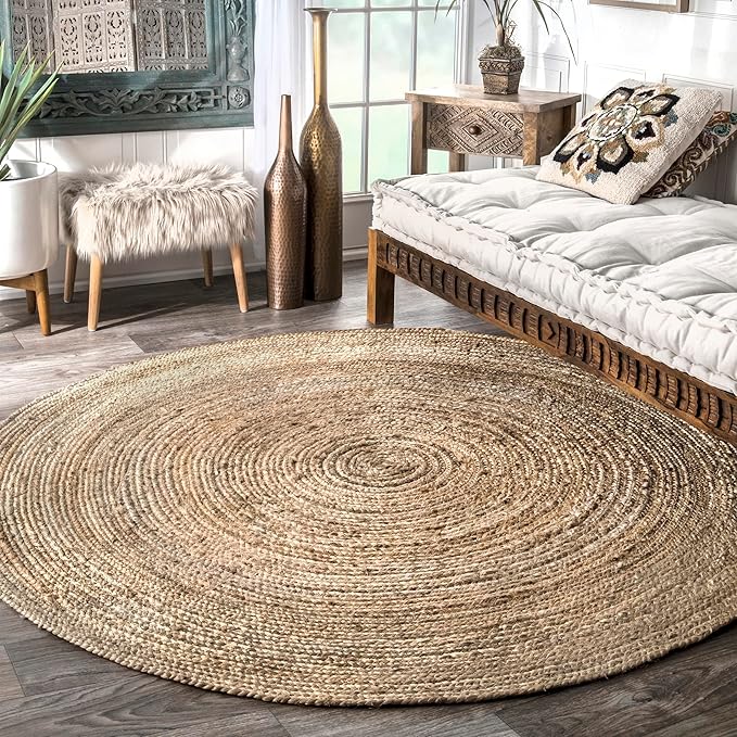 nuLOOM 3 Round Rigo Jute Hand Woven Area Rug, Natural, Solid Farmhouse Design, Natural Fiber, For Bedroom, Living Room, Dining Room, Hallway, Office, Kitchen, Entryway