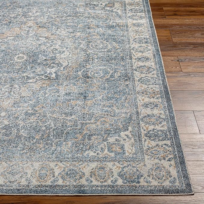 Mark&Day Washable Rugs, 7ft Round Elsmore Traditional Navy Blue Area Rug, Oatmeal Dark Blue Gray Carpet for Living Room, Bedroom or Kitchen (6'7" Round,Machine Washable)