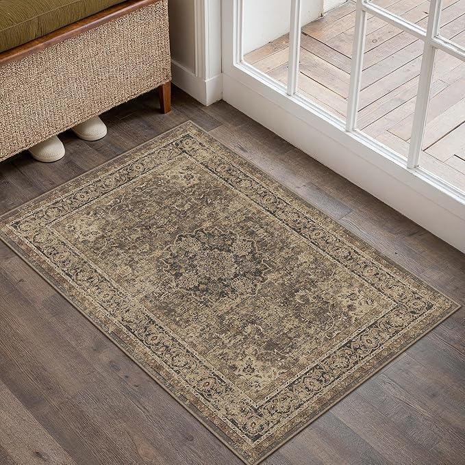 2x3 Brown Washable Vintage Area Rug for Living Room Bedroom Soft Tranditional Non Slip Thin Throw Rug Lightweight Floral Low Pile Distressed Doormat Entrance Dining Laundry Room Kitchen