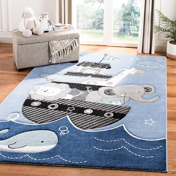 SAFAVIEH Carousel Kids Collection Area Rug - 3' Square, Blue & Grey, Animal Design, Non-Shedding & Easy Care, Ideal for High Traffic Areas for Boys & Girls in Playroom, Nursery, Bedroom (CRK121B)