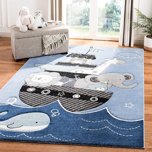 SAFAVIEH Carousel Kids Collection Area Rug - 3' Square, Blue & Grey, Animal Design, Non-Shedding & Easy Care, Ideal for High Traffic Areas for Boys & Girls in Playroom, Nursery, Bedroom (CRK121B)