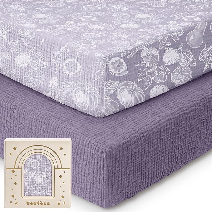 Yoofoss Muslin Pack and Play Sheets Fitted, Organic Mini Crib Sheets for Boys Girls, Playard Sheet Compatible with Pack N Play Mattress, Soft, Breathable and Durable 38"x26"