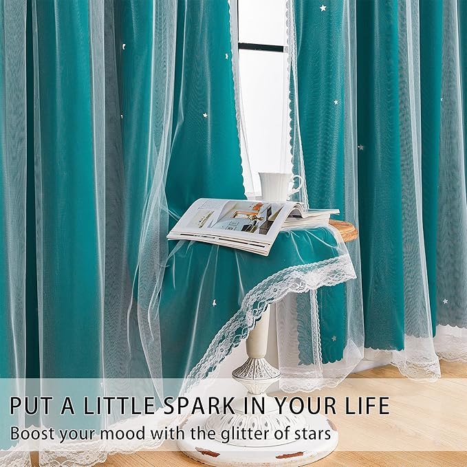 XiDi Black Out Curtains for Bedroom Windows, Girls Room Decor, Unicorn Theme for Kids, Living Room - 84 Inches Long, 2 Panel, Teal