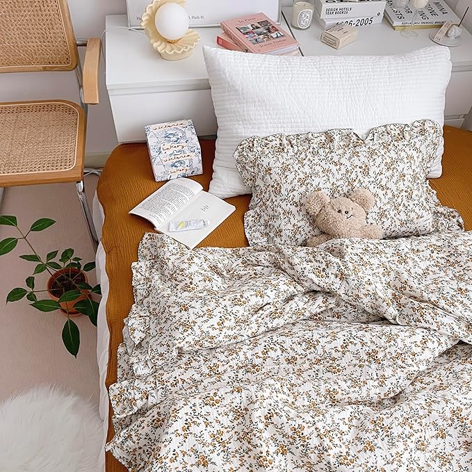 AOJIM Floral Print Kids Muslin Duvet Cover for Girls Boys, Yellow Cotton Baby Toddler Bedding 2 Layer Comforter Cover 59X79'', Ruffled Design Soft Crib Duvet Protector 1pc, No Quilt or Pillowcases