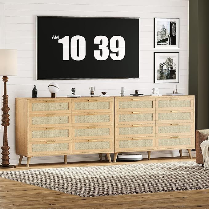 Rovaurx 8 Drawer Double Dresser for Bedroom, Rattan Chest of Dressers, Modern Wooden Dresser Chest with Golden Handles, Beside Table for Closet, Living Room and Entryway, Natural