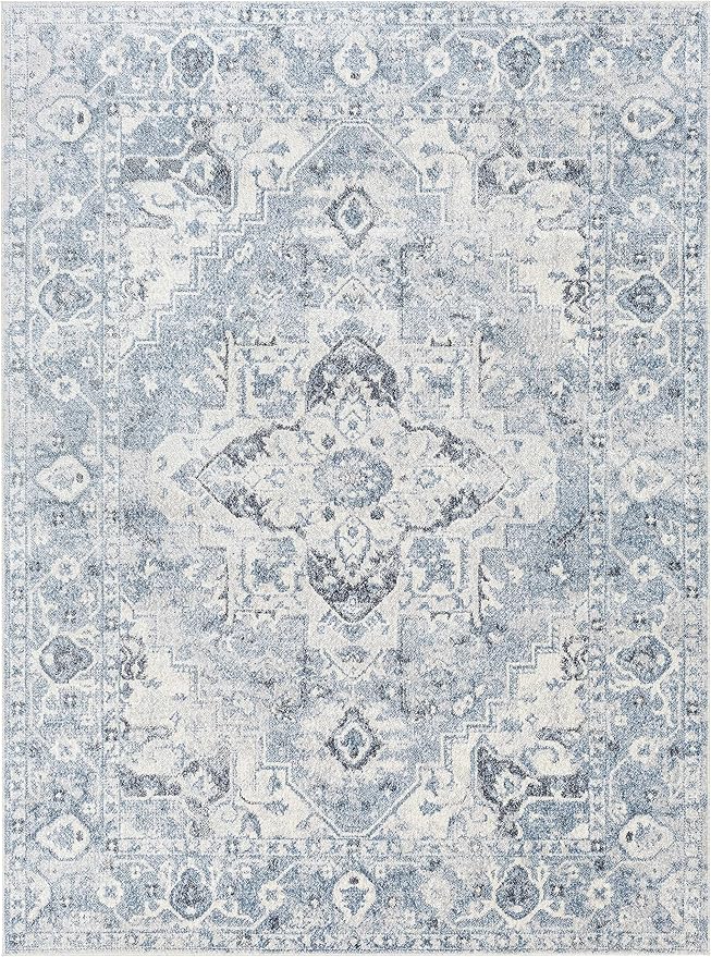 Mark&Day Washable Rugs, 7ft Round Moya Traditional Denim Blue Area Rug, Blue Ivory Black Carpet for Living Room, Bedroom or Kitchen (6'7" Round, Machine Washable)