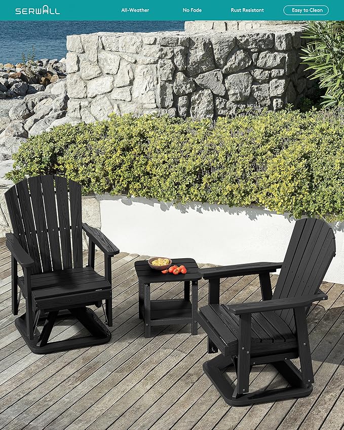 SERWALL Adirondack Swivel Glider Chair, HDPE Swivel Glider Set of 4 for Outdoor, All-Weather Glider Rocking Chair for Porch, Balcony, Black