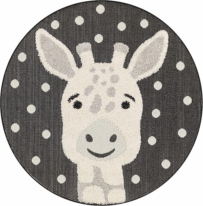 Hauteloom Kids Room, Nursery Round Area Rug - Outdoor Patio Safe - Animal Baby Giraffe Playroom Carpet - Beige, Gray, Black, Cream - 7'10"