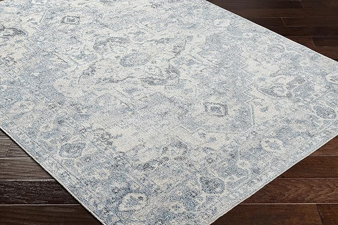 Mark&Day Washable Rugs, 7ft Round Moya Traditional Denim Blue Area Rug, Blue Ivory Black Carpet for Living Room, Bedroom or Kitchen (6'7" Round, Machine Washable)