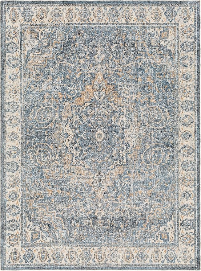 Mark&Day Washable Rugs, 9x12 Elsmore Traditional Navy Blue Area Rug, Blue Ivory Orange Carpet for Living Room, Bedroom or Kitchen (9'2" x 12', Machine Washable)