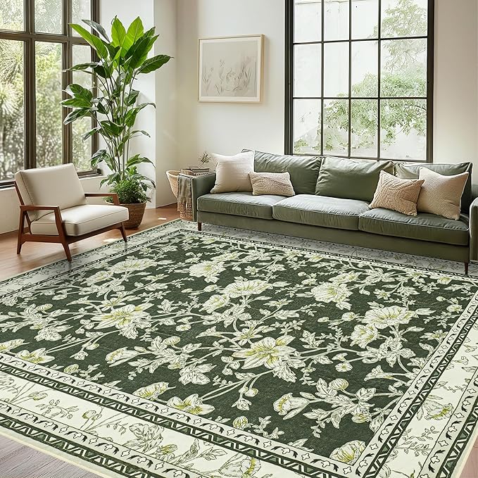 Olive Green Floral Print Area Rugs for Bedroom Living Room Boho Farmhouse Country Rustic Dining Room Carpet Soft Washable Rugs Non Slip Floor Covering for Nursery Playroom 5x7