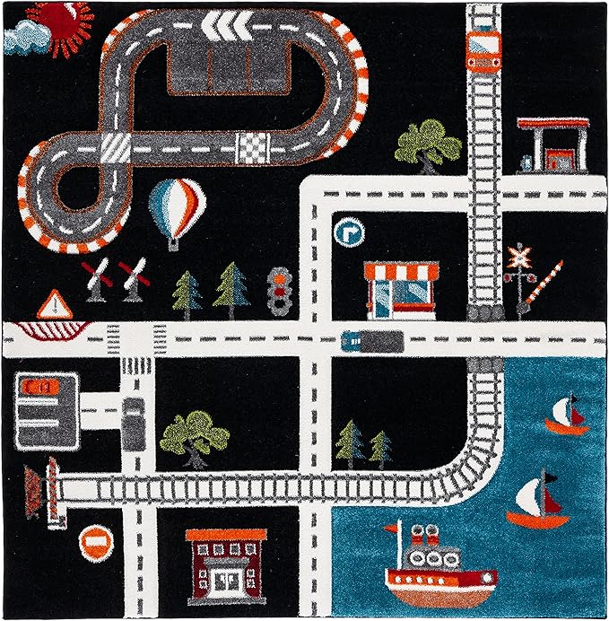 SAFAVIEH Carousel Kids Collection Area Rug - 6'7" Square, Black & Ivory, Non-Shedding & Easy Care, Ideal for High Traffic Areas for Boys & Girls in Playroom, Nursery, Bedroom (CRK192Z)
