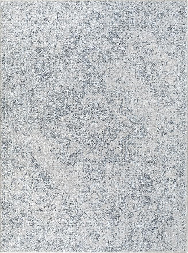 Mark&Day Washable Rugs, 7ft Round Moya Traditional Navy Blue Area Rug, Blue Beige Grey Carpet for Living Room, Bedroom or Kitchen (6'7" Round, Machine Washable)